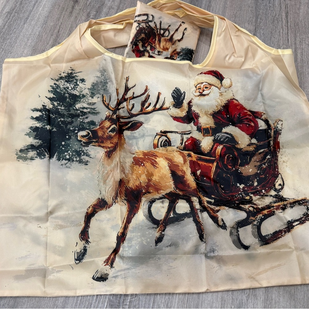 Santa and Reindeer Foldable Tote Bag 15x20in Nylon